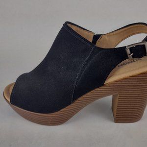 SONOMA Black Suede Faux Wood Block Bootie Sandals Heels Sz 8